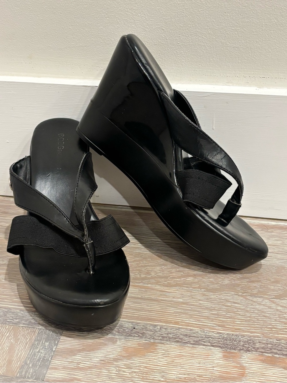 BCBGeneration Black Patent Wedge Thong Sandals
